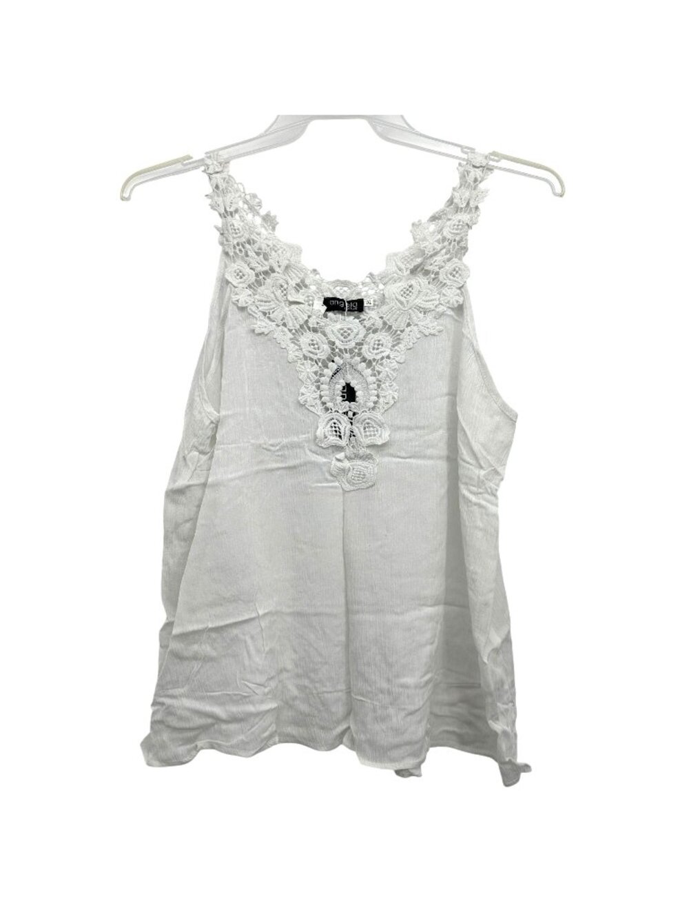 Angela Plus Womens White Lace Trim Tank Top 1XL Rayon Sleeveless Blouse Crochet